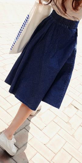A-line Flared Pleated Slim Denim Middle Skirt - May Your Fashion - 1