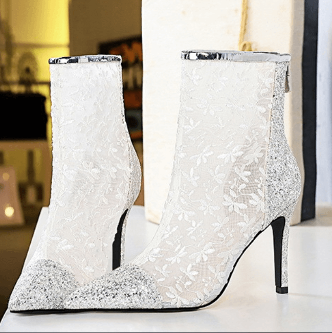 Sexy Lace See Through Point Toe High Heel Calf Boots