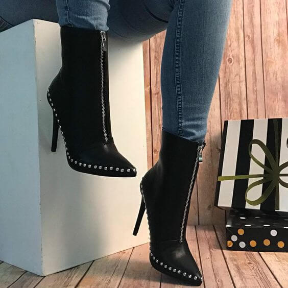 Leather High Heel Rivet Zipper Calf Boots