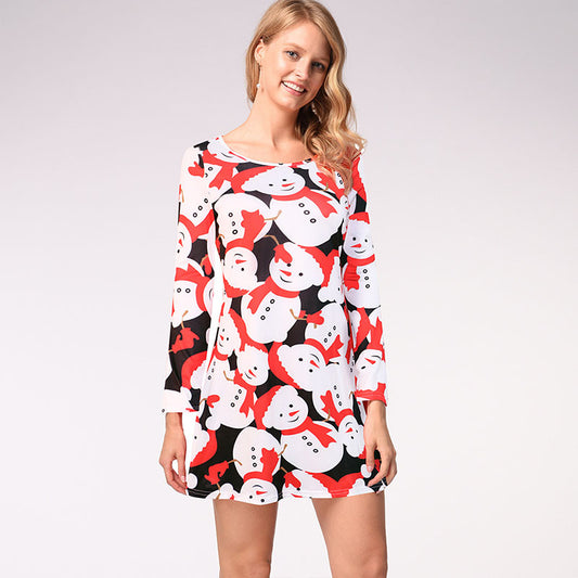 Christmas Print Scoop Neck A Line Short Dress