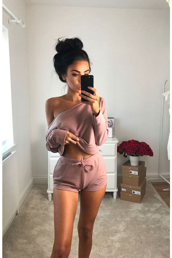 Off Shoulder Loose Crop Top with Shorts Two Pieces Set