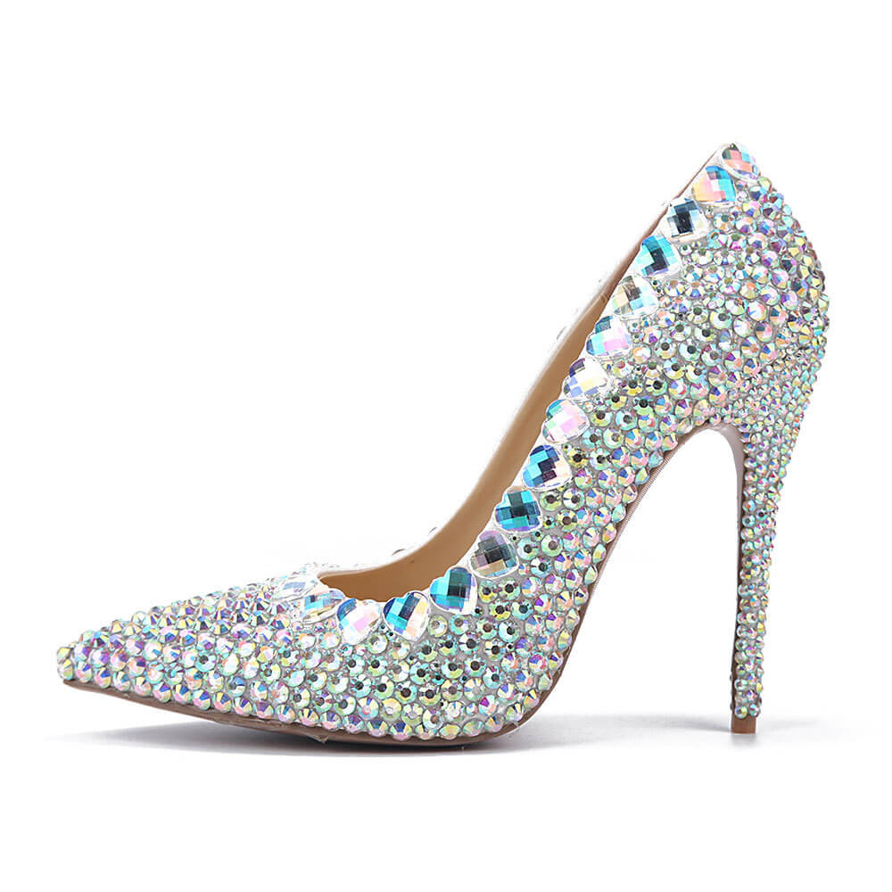 Leather Point Toe Rhinestone Stiletto Heel Pumps