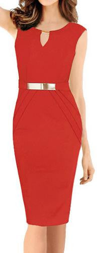 V-neck Sleeveless Slim Pure Color Pencil Knee-length Dress