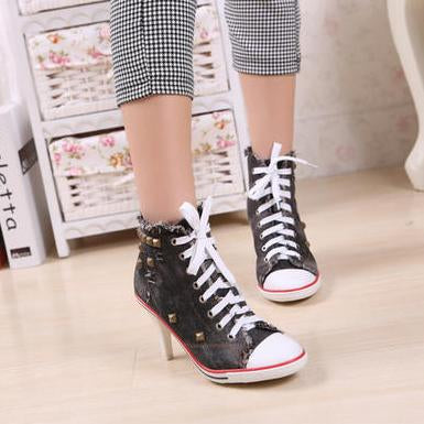 Rivets Denim Round Toe Lace Up Middle Heel Short Boot