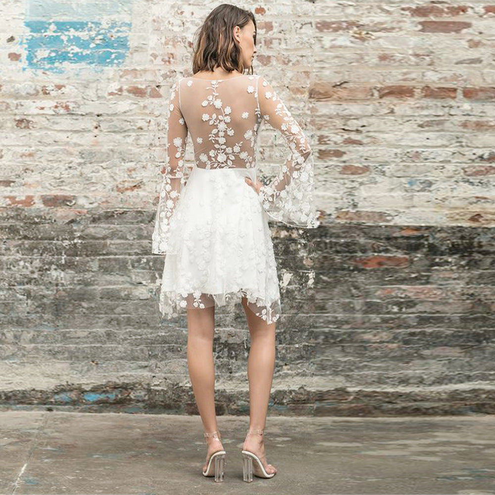 White Lace Sheer Wide Sleeve Backless Dress