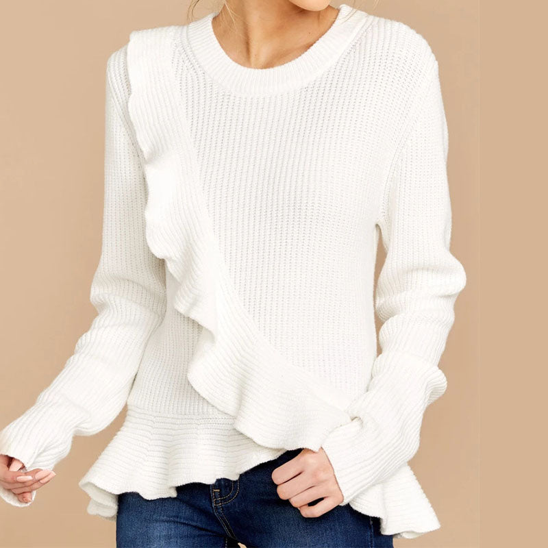 White Ruffled Hem Woolen Sweater