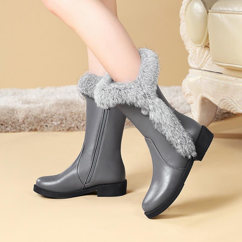 Fur Low Heel Leather Mid Calf Boots