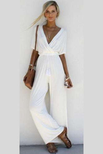 Free Shipping Clearence Pure Color V-neck Half Sleeves Loose Long Jumpsuit