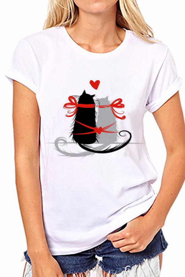 Love Cat Print Short Sleeves Casual T-shirt