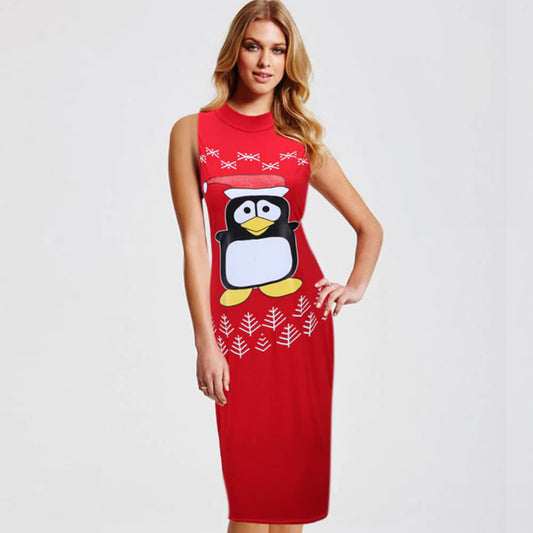 Christmas Sleeveless Cartoon Print Midi Dress