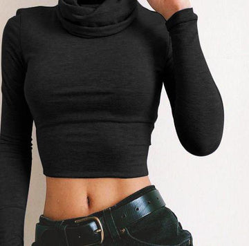 High Neck Pure Color Long Sleeves Short Crop Top