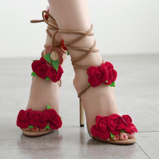 Flowers Straps Bandage Peep Toe High Heels Sandals