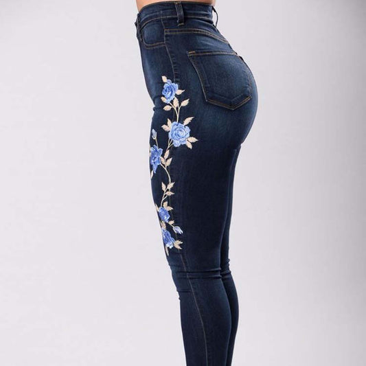 Blue High Waist Jeans Flower Slim-Fit Pants