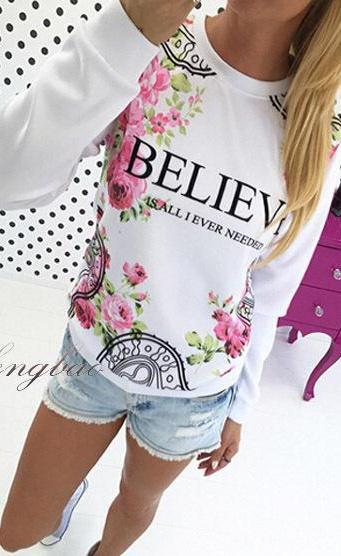 Flower Print Scoop Long Casual Loose Sweatshirt - Meet Yours Fashion - 1