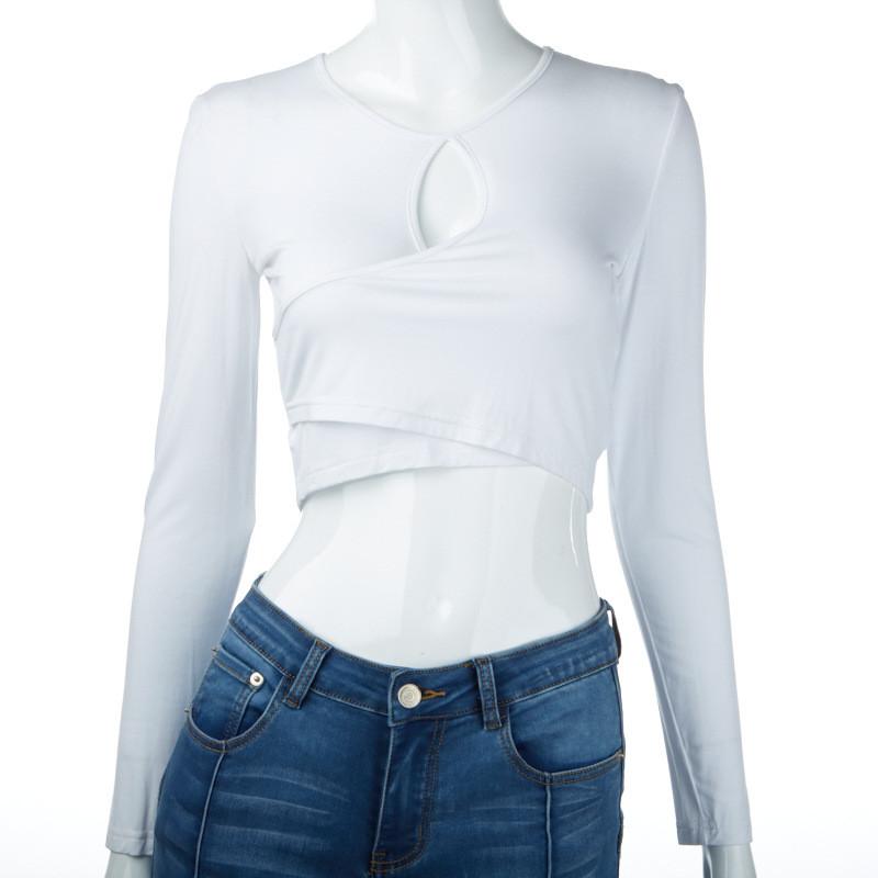 V-neck Pure Color Long Sleeves Short Crop Top