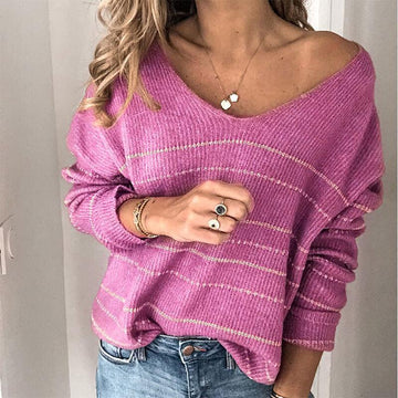Loose V Neck Colorblock Striped Knit Sweater
