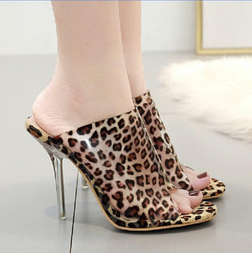 Leopard High Heel Peep Toe Mules Sandals