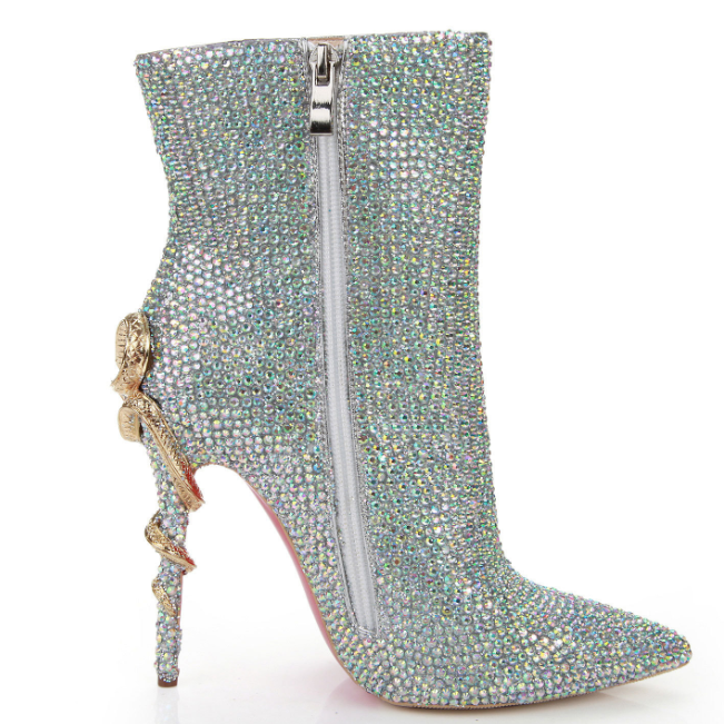 Leather Rhinestone Snake Zipper Ankle Boots