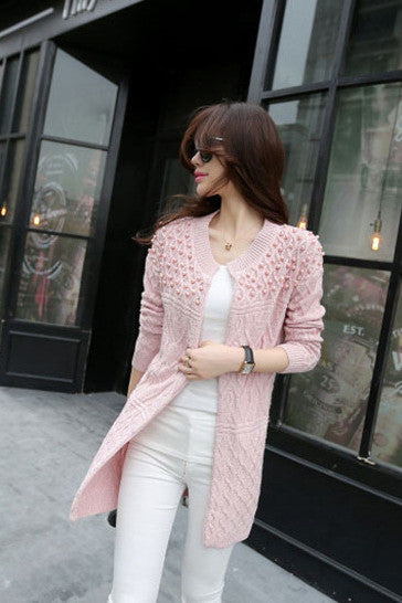 Cable Beadings Loose Candy Color Long Sleeves Long Cardigan