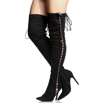Side Straps Lace Up Suede Stiletto Heel Pointed Toe Over the Knee Long
