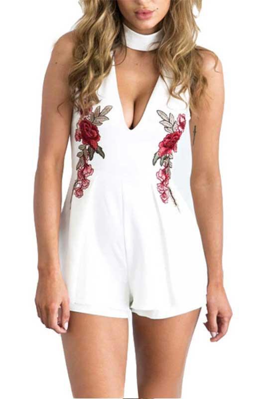 Rose Embroidery High Neck Sleeveless Short Jumpsuit