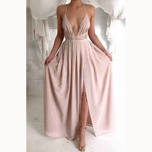 Spaghetti V-neck Backless Solid Color Long Dress - May Your Fashion - 1