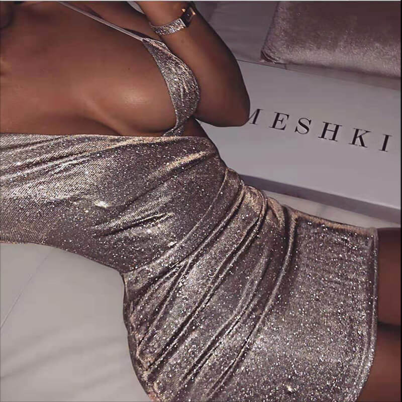 Two Pieces One Shoulder Silver Sparkling Dress