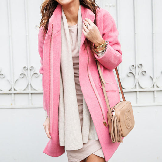 Funnel Neck Zipper Woolen Coat