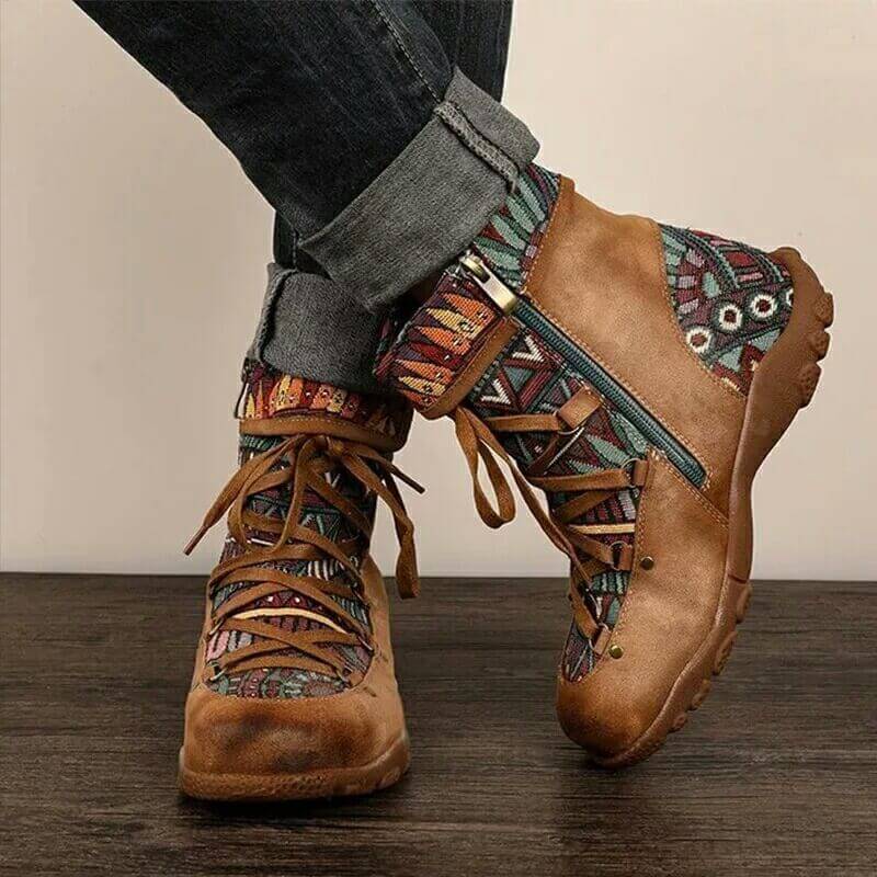 Plat Lace Up Print Suede Ankle Boots