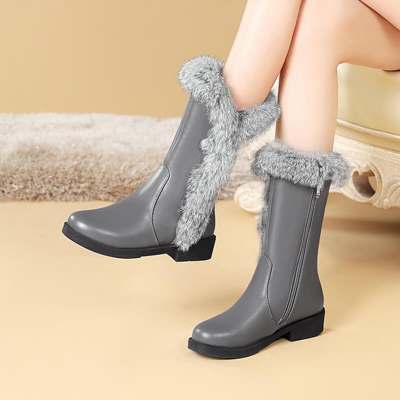 Fur Low Heel Leather Mid Calf Boots