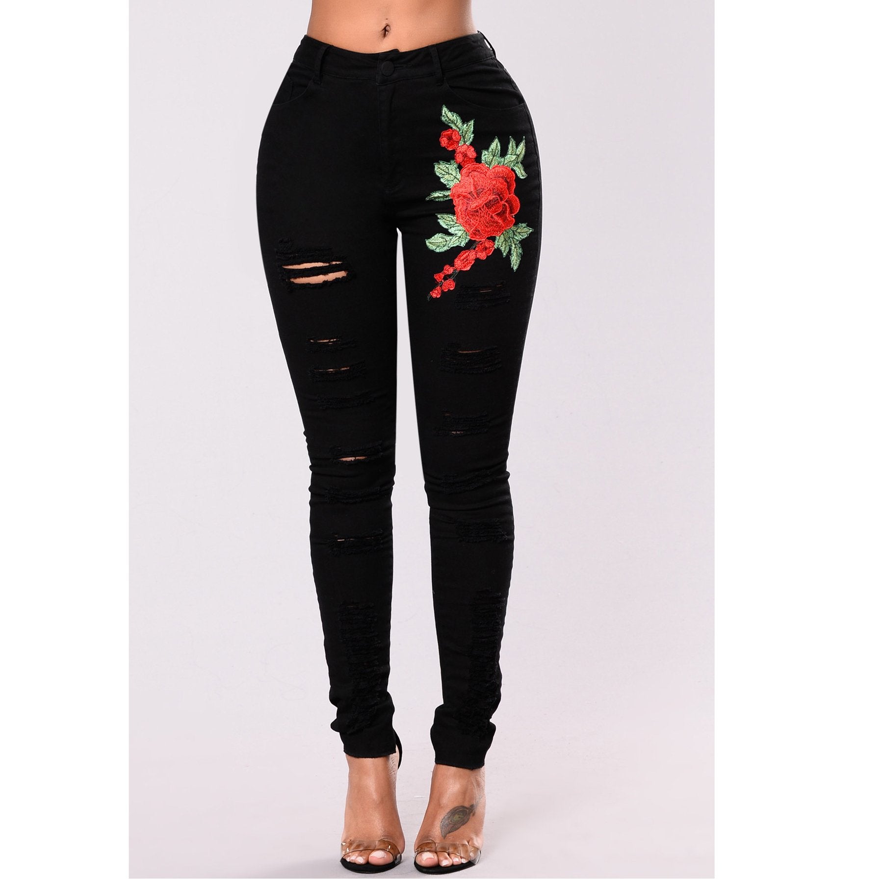 Embroidery Flowers Cut Out High Waist Elasticity Slim Long Jeans