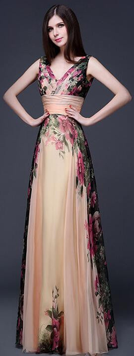 Elegant Flower Print Pleated Long Dress