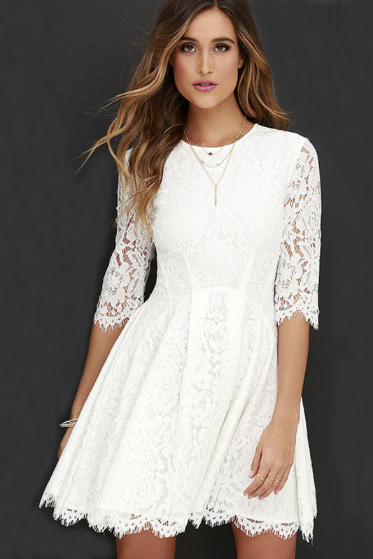Pure-Color-Lace-Scoop-Half-Sleeves-Short-Dress