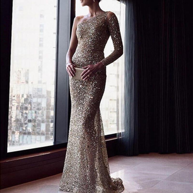 One Shoulder Silver Floor Length Evening Dress