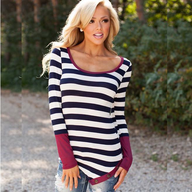Striped Scoop Long Sleeves Patchwork Navy Irregular T-shirt - Meet Yours Fashion - 1