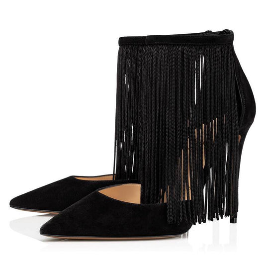 Sexy Suede Fringe Pointed Toe Zipper High Heels