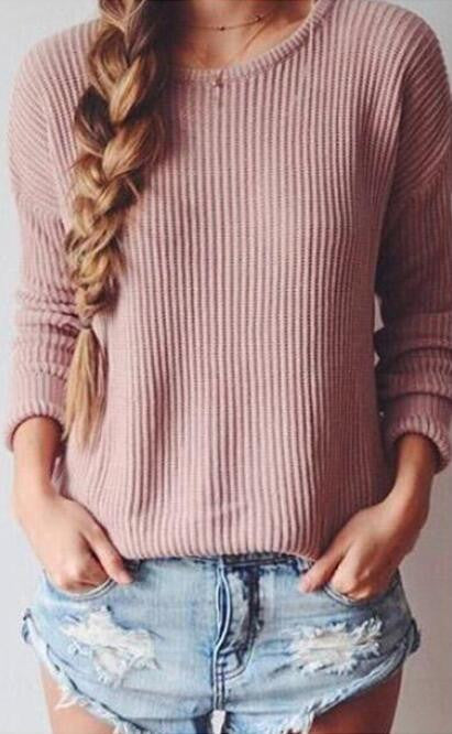 Long-Sleeved Round Collar Pure Color Loose Sweater