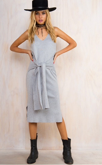 Pure Color Cotton V-neck Long Slit Short Dress - Meet Yours Fashion - 2