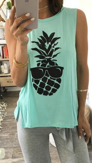 Scoop Sleeveless Pineapple Print Split Casual Vests - May Your Fashion - 1