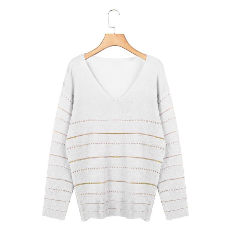 Loose V Neck Colorblock Striped Knit Sweater