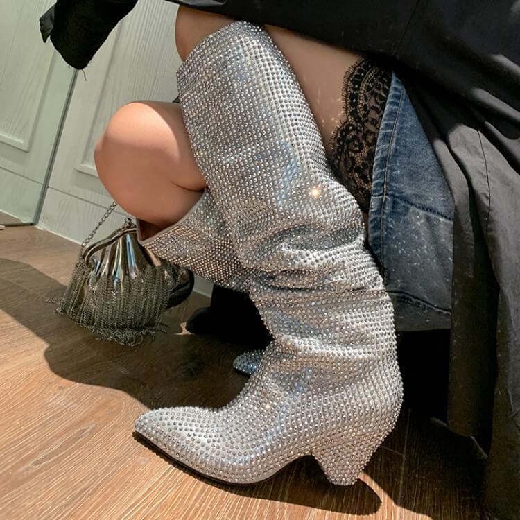 Party Rhinestone Point Toe Wedge Knee High Boots