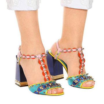 Fashion Colorblock Rivet Chunky Heel Sandals