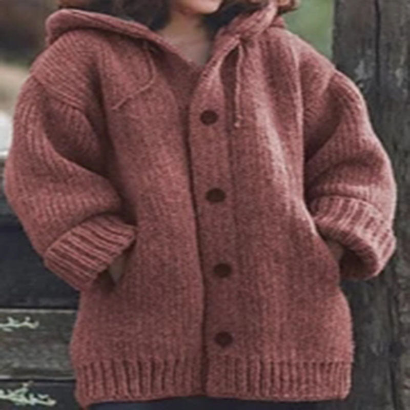 Pure Color Hooded Knit Cardigan Sweater