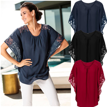 Scoop Lace Chiffon Patchwork Pure Color Half Sleeves T-shirt