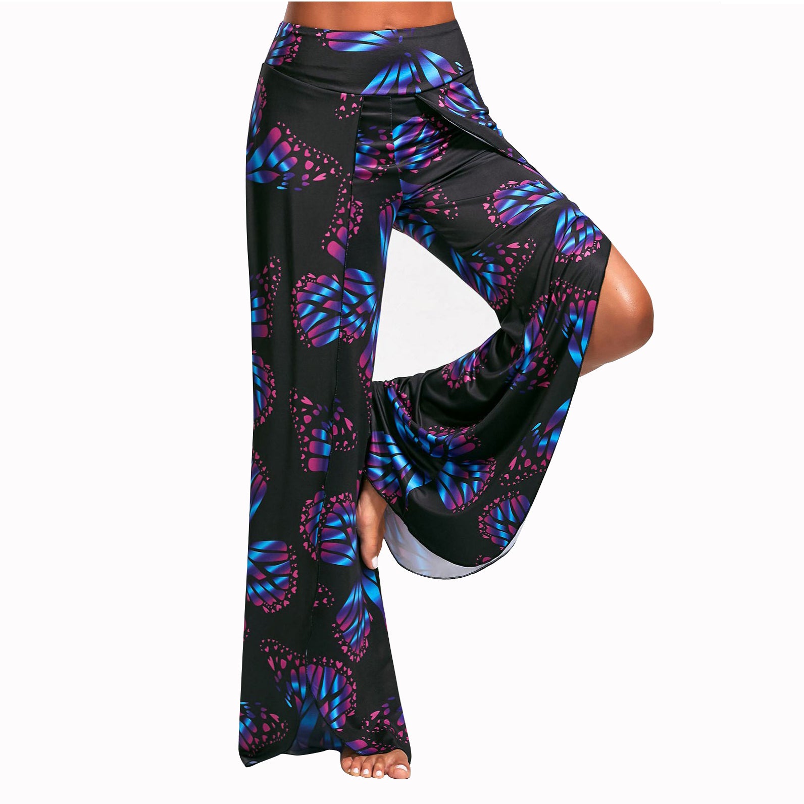 Floral Print Middle Waist Long Split Wide-legs Yoga Pants