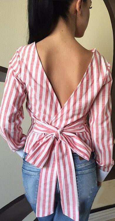 Sexy Backless Stripe Lace Up Flax Blouse