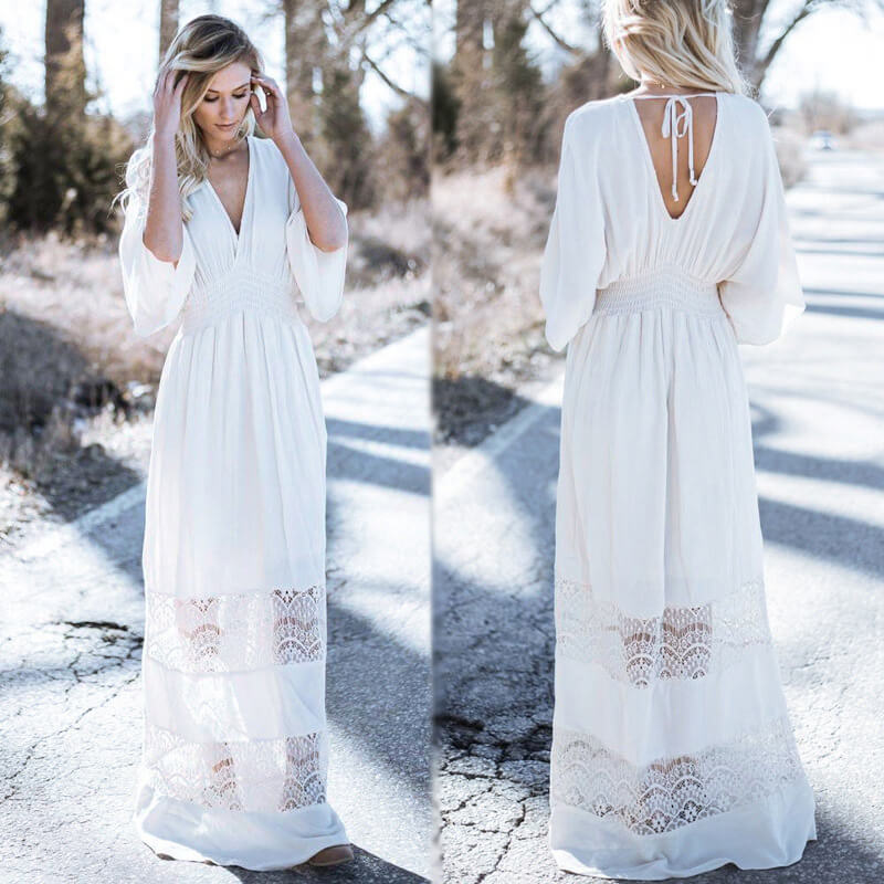 White Lace Splice Maxi Beach Dress