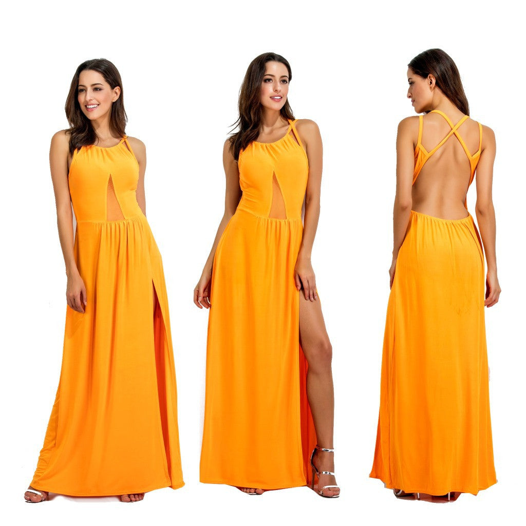 Pure Color Scoop Split Backless Long Party Dress