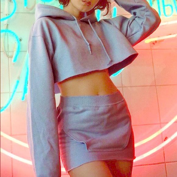Candy Color Drawstring Hooded Crop Top With High Waist Short Skirt Two Pieces Set