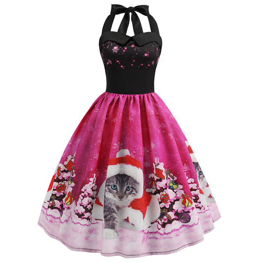 Retro Christmas Print Sweetherat Halter Dress